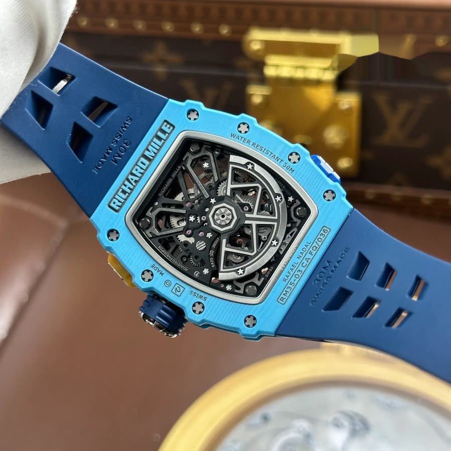 Orologio replica: Richard Mille RM35-03 Rafael Nadal, pastel, blu, Quartz TPT, cinturino in gomma, 43,2 mm X 50 mm — di lusso – Foto 11