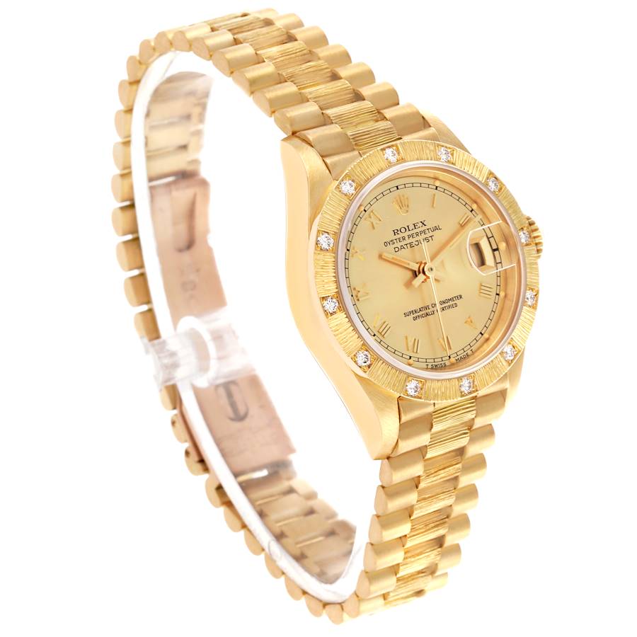 Orologio replica da donna: Rolex President Datejust, oro giallo, finitura a corteccia, diamanti, 69288 — seducente – Foto 3